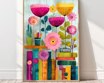 Colorful Bookshelf Print Bright Book Nook Decor Vibrant Books Art Whimsical Bookshelf Print Reading Print Pink Book Wall Art Bookcase Poster
