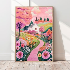 Colorful Garden Painting Spring Meadow Print Whimsical Cottage Garden Wall Art Vibrant Landscape Print Summer Landscape English Garden Print