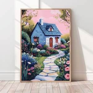 Whimsical Garden Scene Flower Garden Illustration Summer Landscape Art Cottage Garden Print Charming Nature Wall Art Colorful Nursery Decor