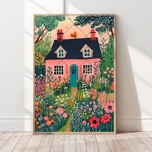 Flower Garden Illustration Whimsical Garden Art Vibrant Landscape Painting Spring Garden Art Floral Art Colorful Wall Art Bright Scenery Art