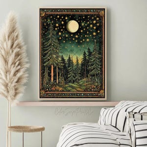 Moon and Stars Wall Art Dark Forest Painting Vintage Landscape Print ...