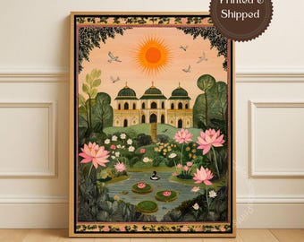 Mughal Garden Canvas Wall Art Lotus Pond Palace Landscape Indian Botanical Painting Pink Green Luxury Framed Canvas Decor