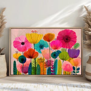 花と風景のアートプリント 鮮やかな花のアートプリント、モダンな花柄の植物画、印刷可能な