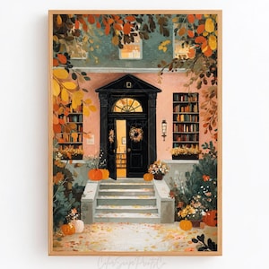 Autumn Bookstore Print Fall Bookshop Print Autumn Reading Art Print Halloween Bookshop Booklover Gift Bibliophile Book art Pinkoween Decor