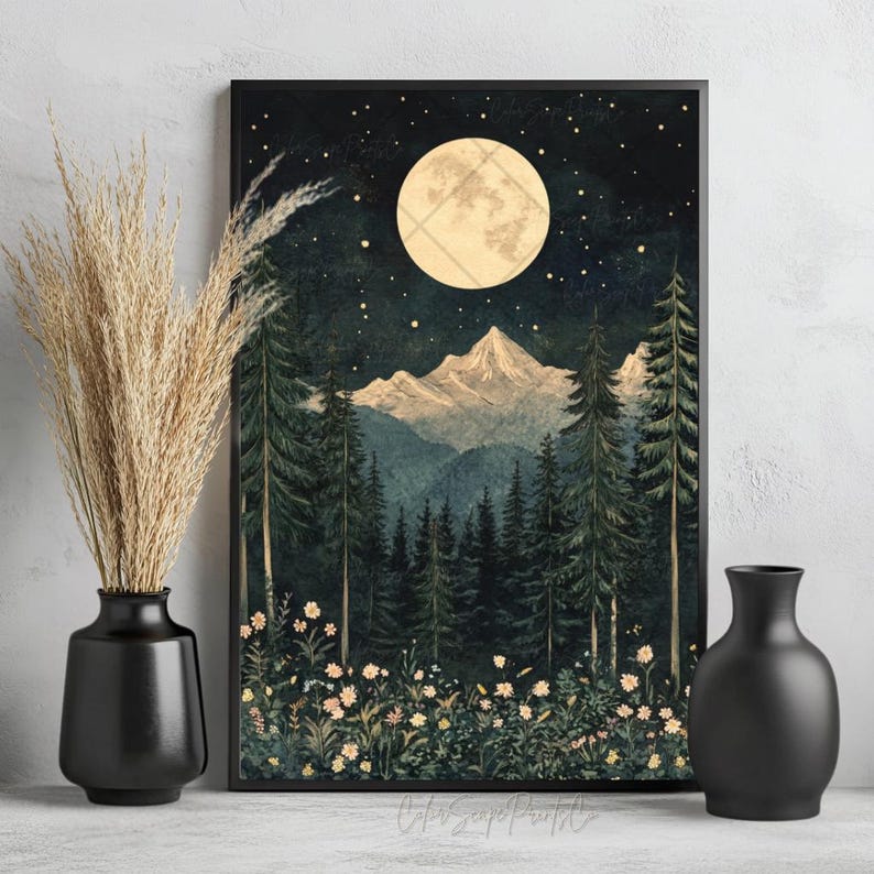 Moon and Stars Wall Art Dark Forest Print Forest Moon Mountain ...