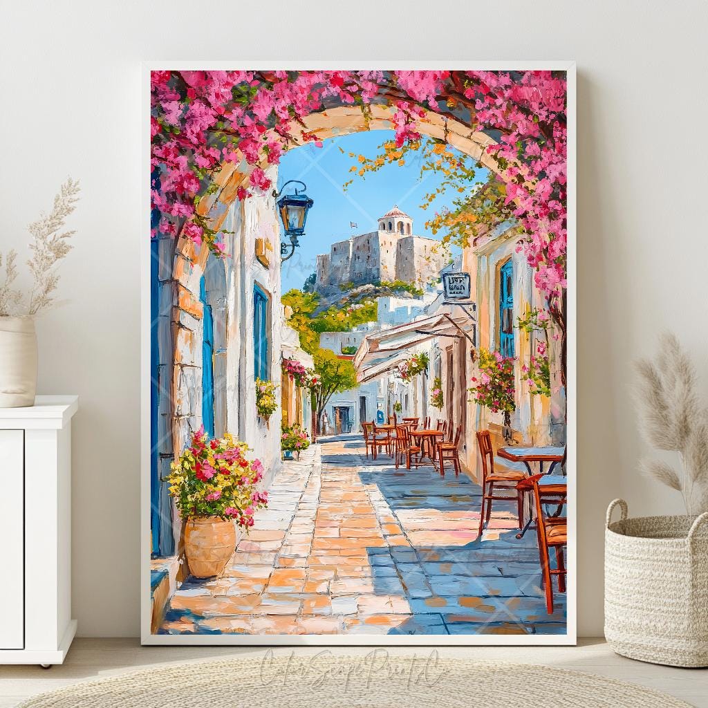 Mediterranean Greek Street Poster Coastal Village Wall Art Greek
