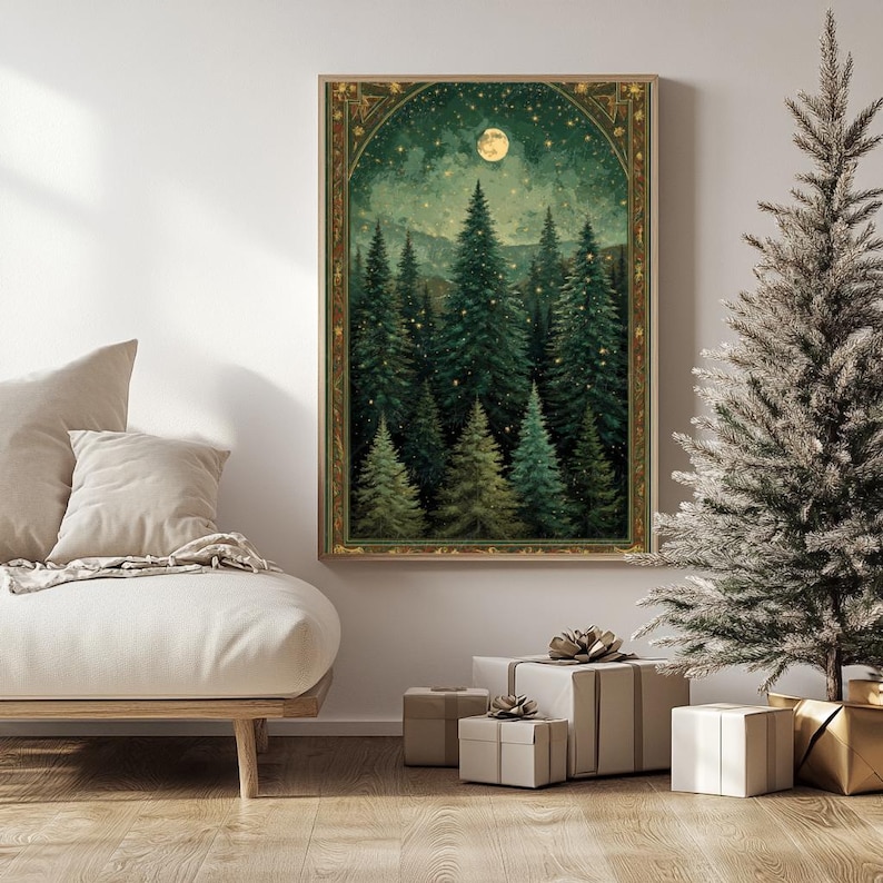 Moon and Stars Wall Art Dark Forest Painting Pine Trees Framed Print ...