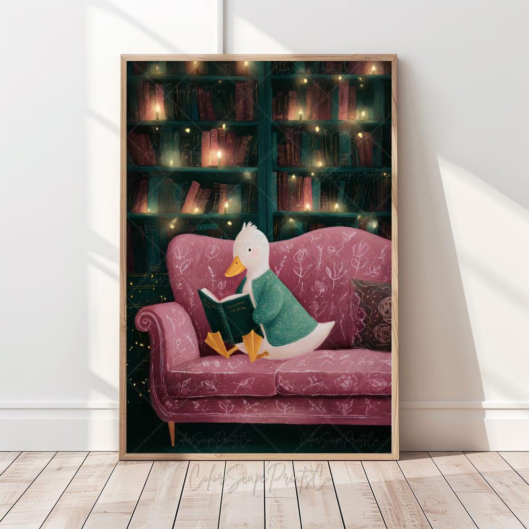 Whimsical Duck Reading Print Boho Bookshelf Art Print Cozy Reading ...