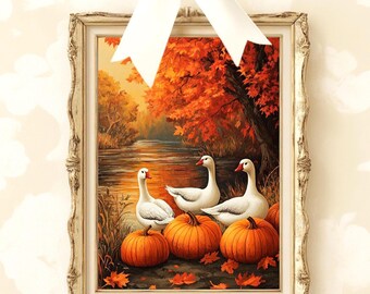 Autumn Goose Wall Art Printable Pumpkin Harvest Landscape Fall Farmhouse Decor Rustic River Nature Digital Download