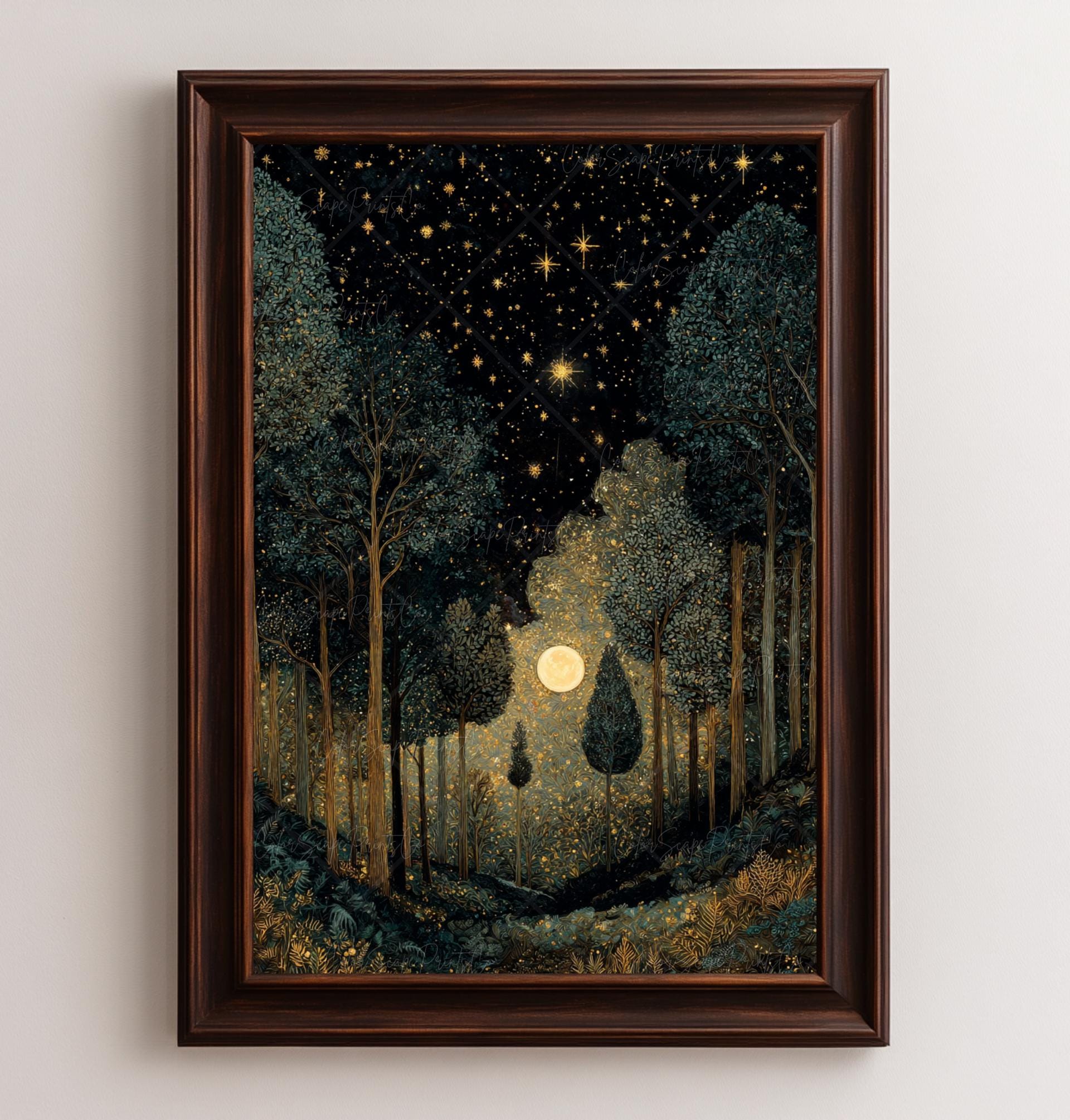 Dark Forest Wall Art Print William Morris Inspired Moon and Stars Night ...