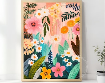 Arte murale da giardino botanico boho, stampa floreale di fiori selvatici colorati, illustrazione di fiori con foglie tropicali, arredamento botanico massimalista
