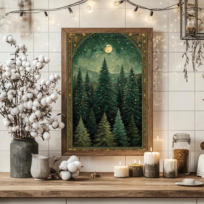 Moon and Stars Wall Art Dark Forest Painting Pine Trees Framed Print ...