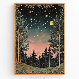 Może przedstawiać: Cyfrowy obraz przedstawiający leśną scenę z pełnią księżyca i gwiazdami na nocnym niebie. Drzewa są zarysowane na tle r&oacute;żowego i niebieskiego nieba. Obraz ma vintage'owy, fantazyjny charakter.