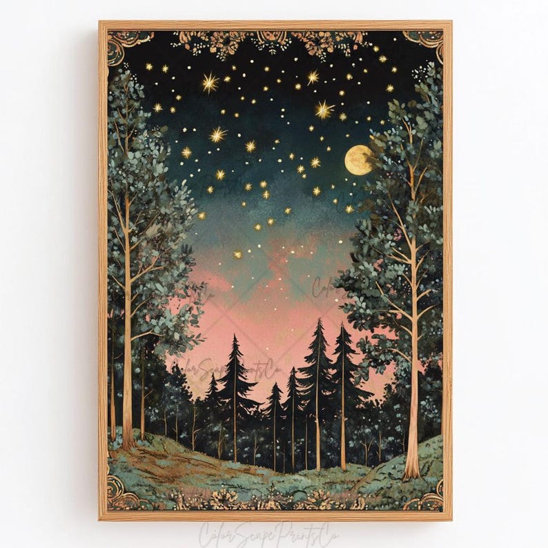 Może przedstawiać: Cyfrowy obraz przedstawiający leśną scenę z pełnią księżyca i gwiazdami na nocnym niebie. Drzewa są zarysowane na tle r&oacute;żowego i niebieskiego nieba. Obraz ma vintage'owy, fantazyjny charakter.