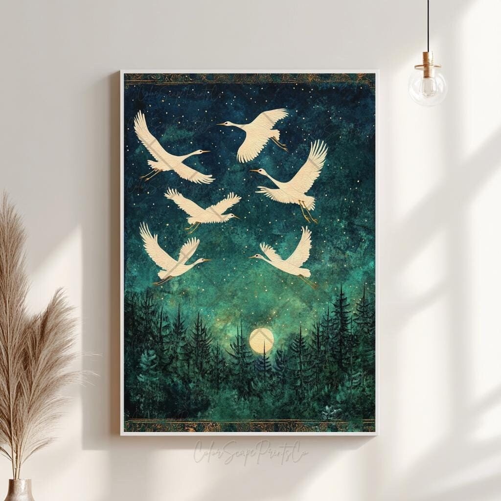 白鶴の絵画 日本の木版画 飛翔する鶴の版画 日本の鶴の芸術 月明かりの
