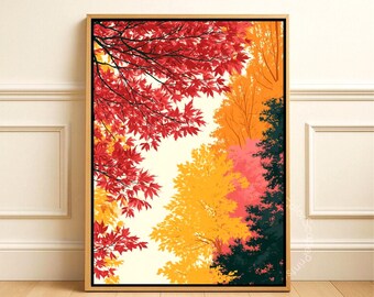 Autumn Forest Wall Art Printable Japanese Maple Leaves Print Colorful Fall Nature Landscape Digital Download