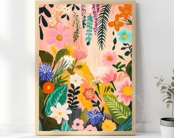 Arte murale da giardino botanico boho, stampa floreale di fiori selvatici colorati, illustrazione di fiori con foglie tropicali, arredamento botanico massimalista