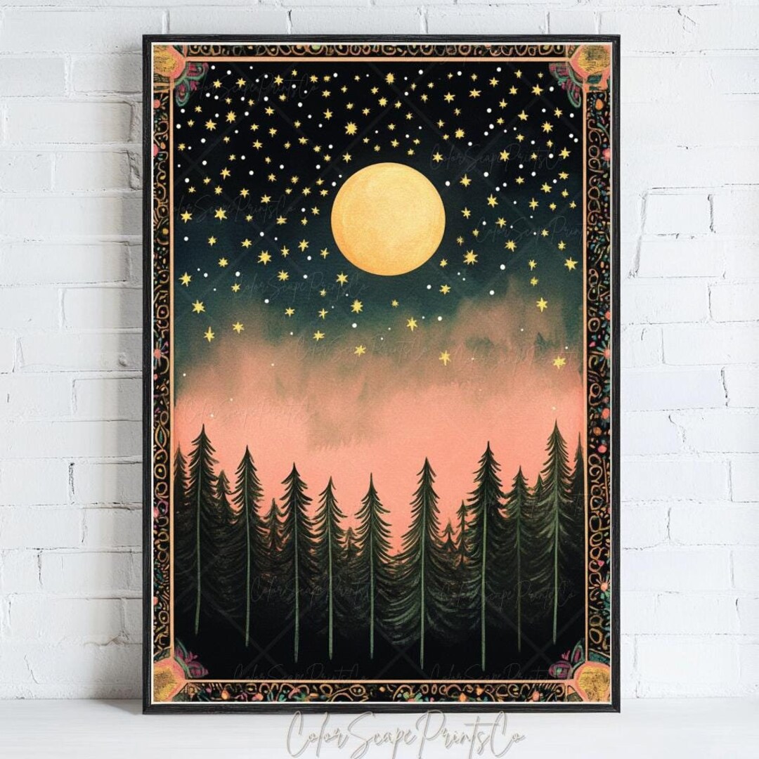 Moon and Stars Wall Art Dark Forest Painting Enchanted Night Print ...