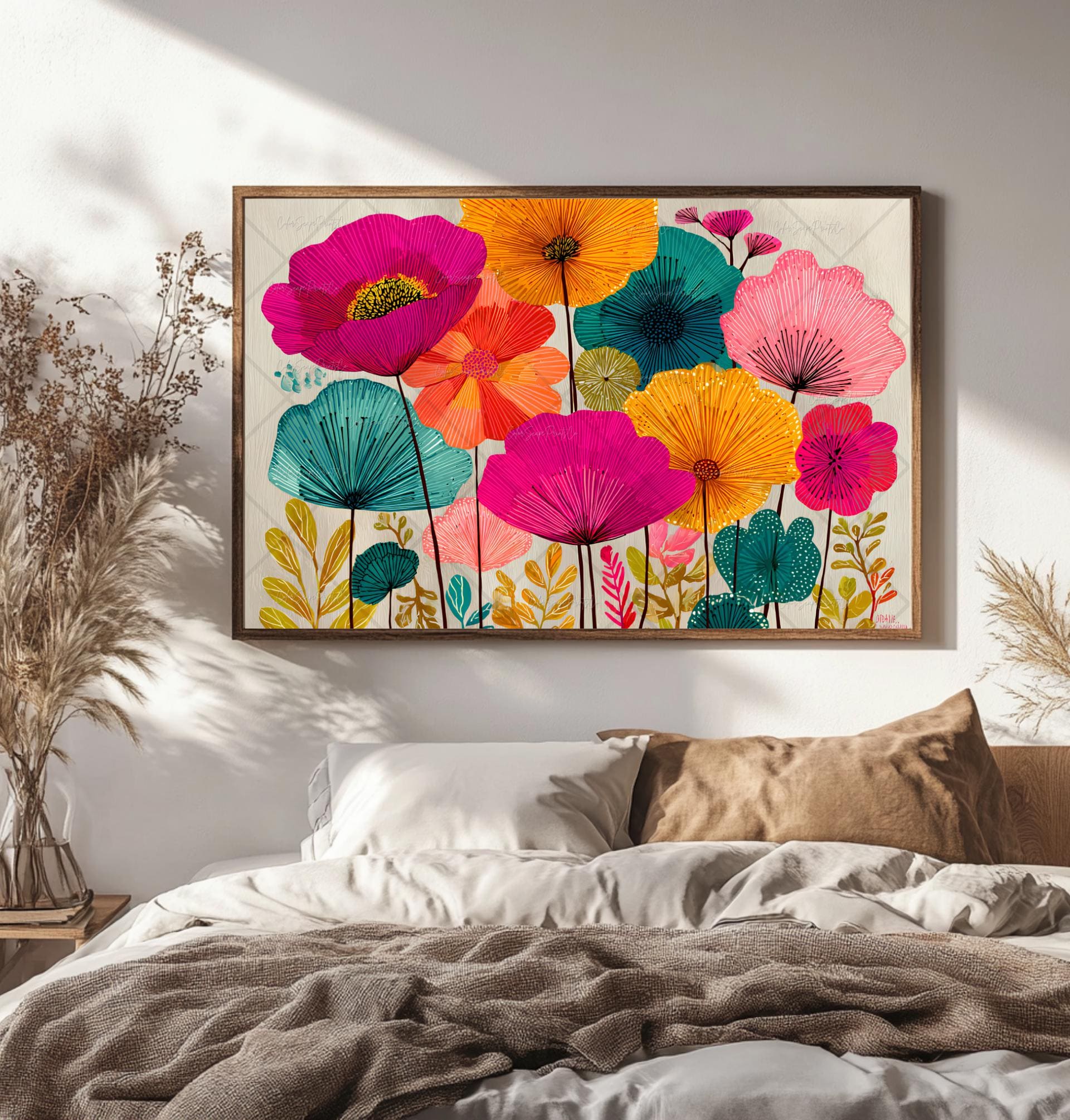 鮮やかな花のアートプリント、モダンな花柄の植物画、印刷可能な