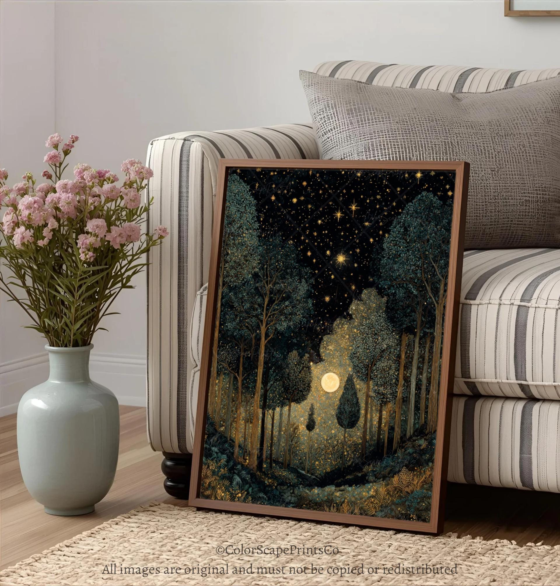 Dark Forest Wall Art Print William Morris Inspired Moon and Stars Night ...