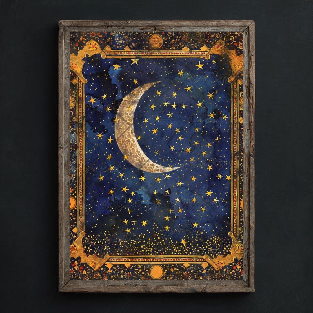 Moon and Stars Wall Art Celestial Painting Starry Night Sky Crescent ...