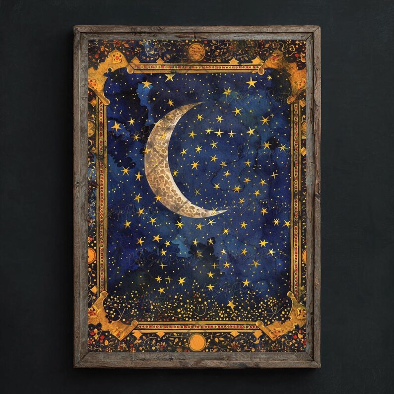 Moon and Stars Wall Art Celestial Painting Starry Night Sky Crescent ...