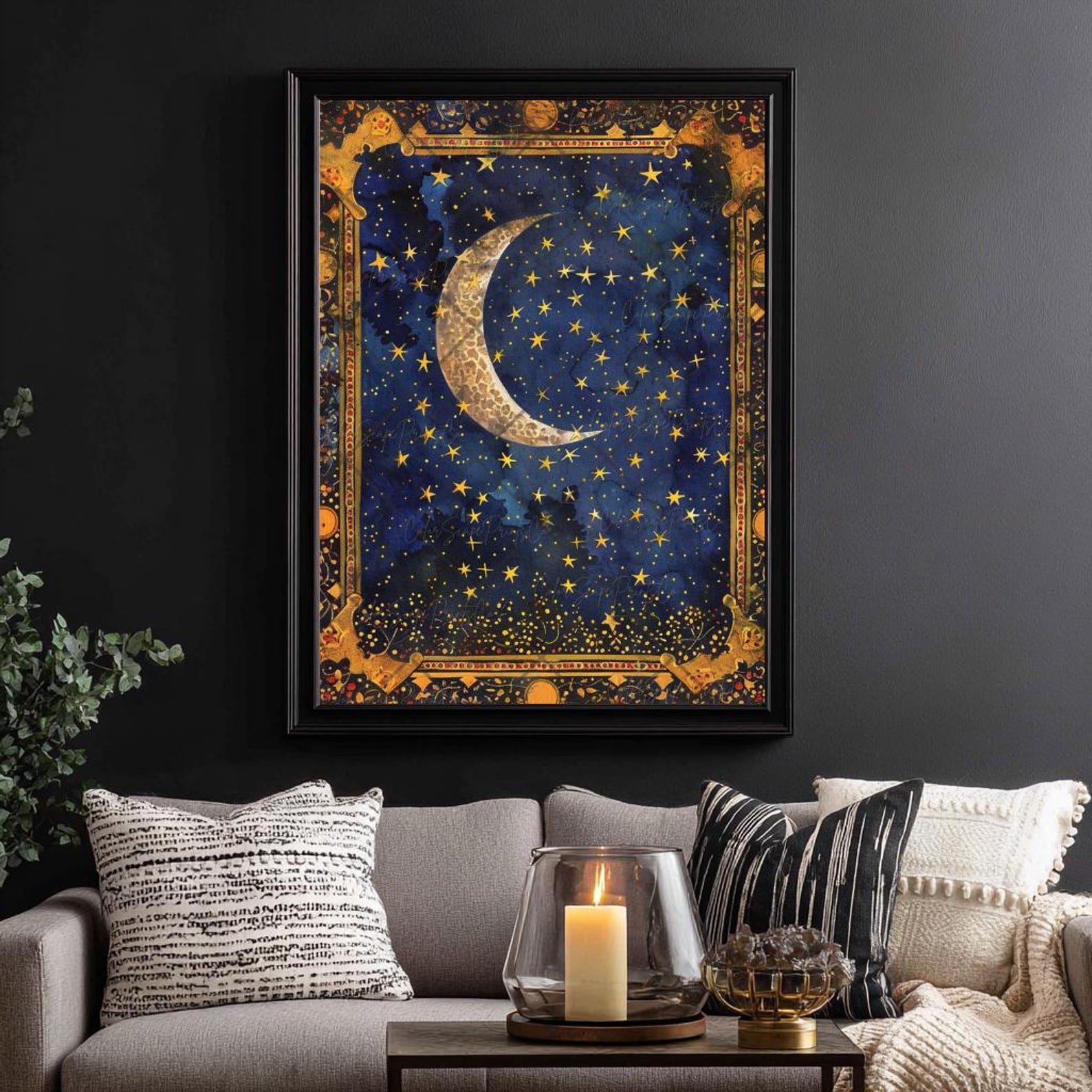 Moon and Stars Wall Art Celestial Painting Starry Night Sky Crescent ...