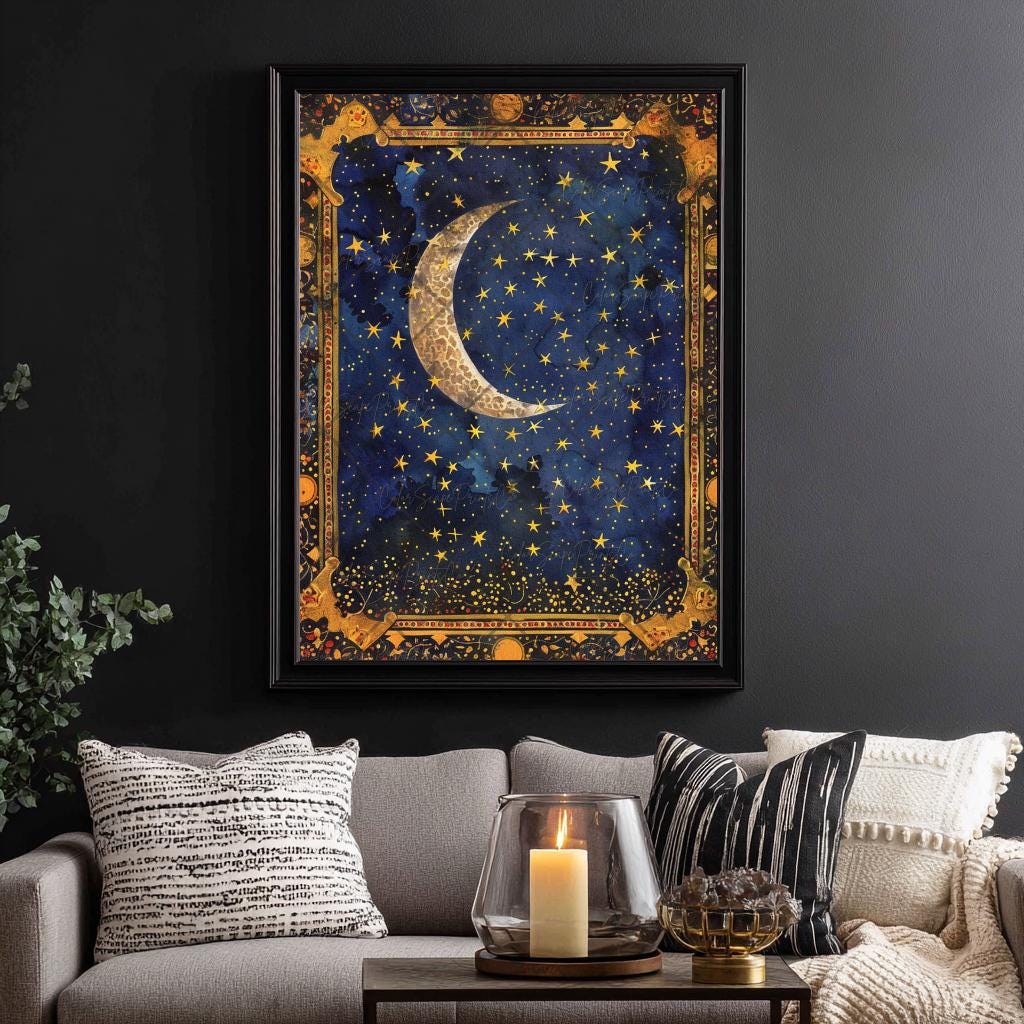Moon and Stars Wall Art Celestial Painting Starry Night Sky Crescent ...