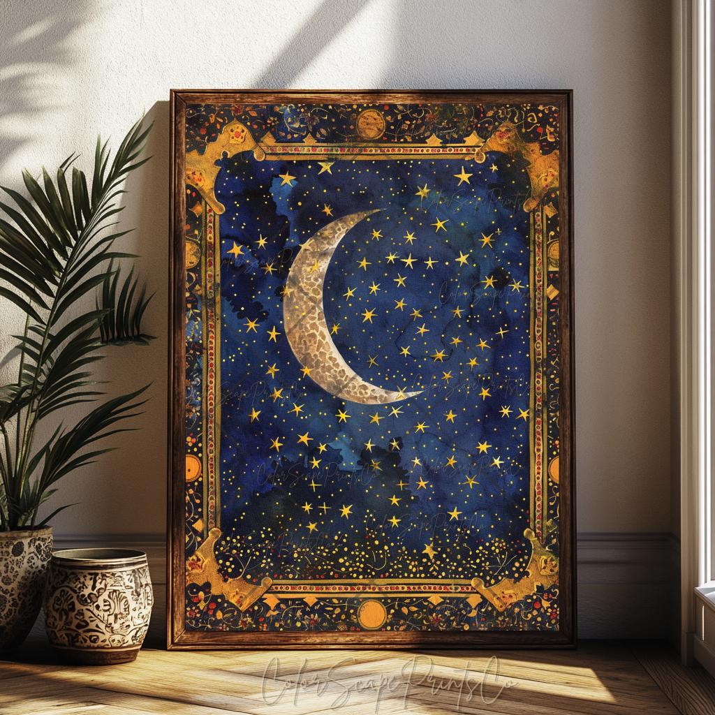 Moon and Stars Wall Art Celestial Painting Starry Night Sky Crescent ...