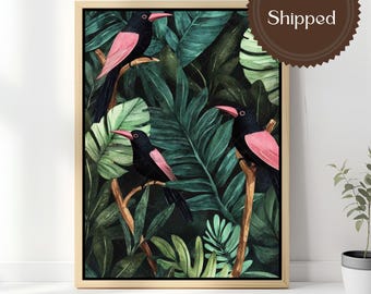 Pink Black Tropical Birds Canvas Wall Art Jungle Bird Print Botanical Maximalist Decor Moody Green Exotic Bird Framed Canvas Living Room Art
