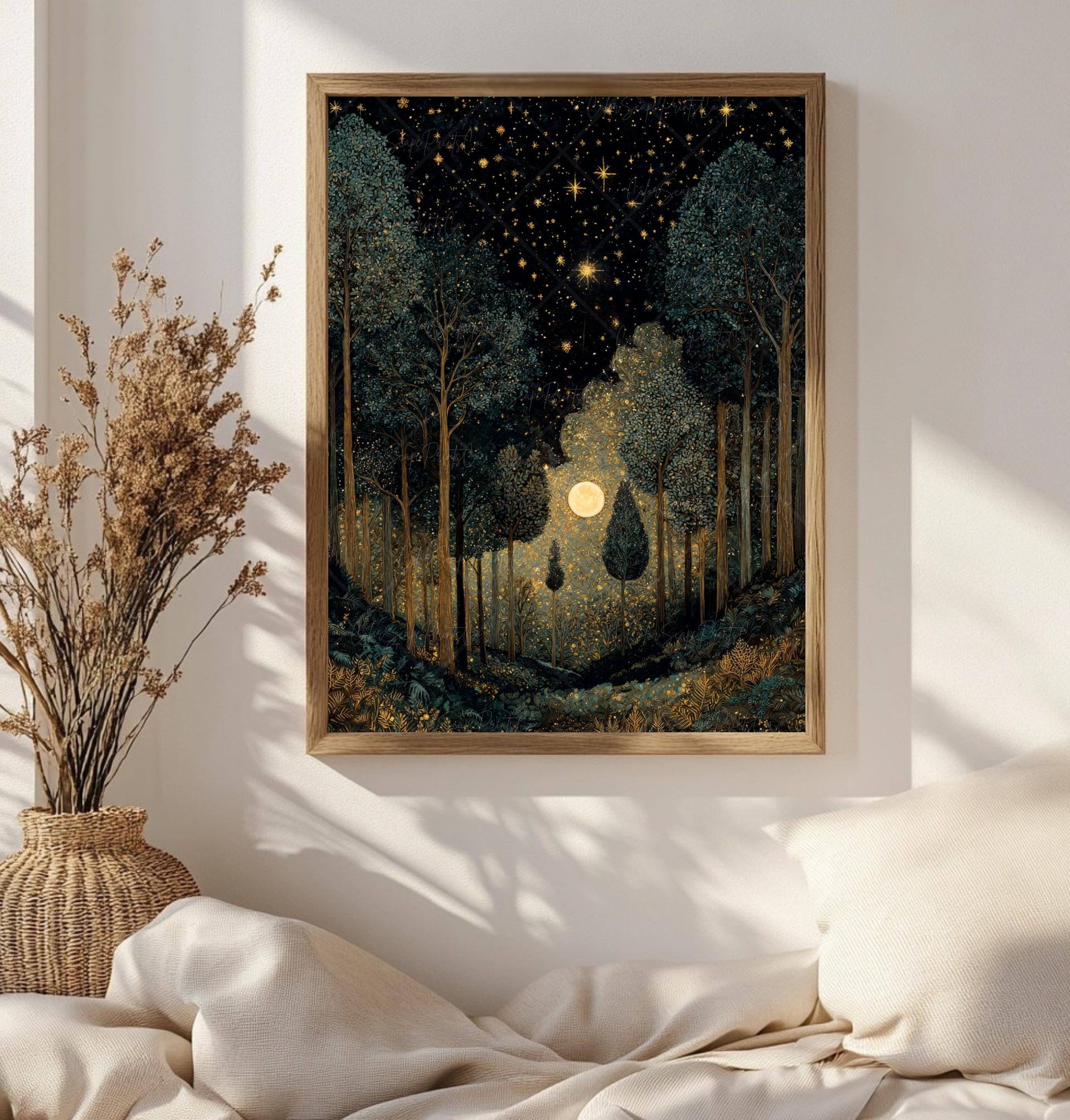 Dark Forest Wall Art Print William Morris Inspired Moon and Stars Night ...