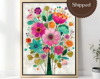 Colorful Floral Wall Art Canvas Modern Botanical Print Pink Flower Decor Boho Contemporary Garden Artwork Framed Canvas Living Room