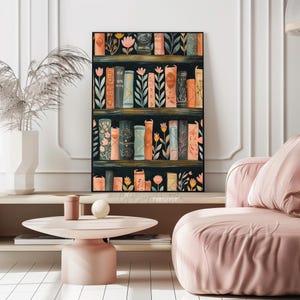 Bookshelf Print Floral Bookshelf Illustration Book Lover Print Stack of ...