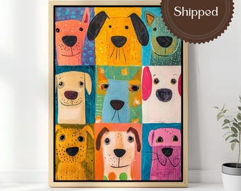 Colorful Dog Wall Art Canvas Cute Funny Puppy Pop Art Print Nursery Playroom Pet Lover Decor Whimsical Animal Painting Retro Dog Portrait