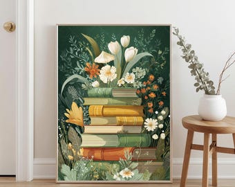 Tela artistica da parete botanica con libri d'epoca, stampa floreale Dark Academia, regalo per gli amanti dei libri nell'angolo lettura, arredamento per biblioteca Cottagecore