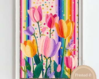 Arte murale con tulipani colorati, stampa di fiori primaverili arcobaleno, decorazione murale floreale rosa per la cameretta dei bambini, arte botanica luminosa per la cameretta dei bambini, stampa di un giardino stravagante