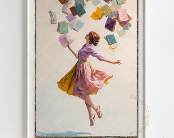 Stampa illustrativa di un amante dei libri che legge, arte murale letteraria, decorazione con libri galleggianti colorati