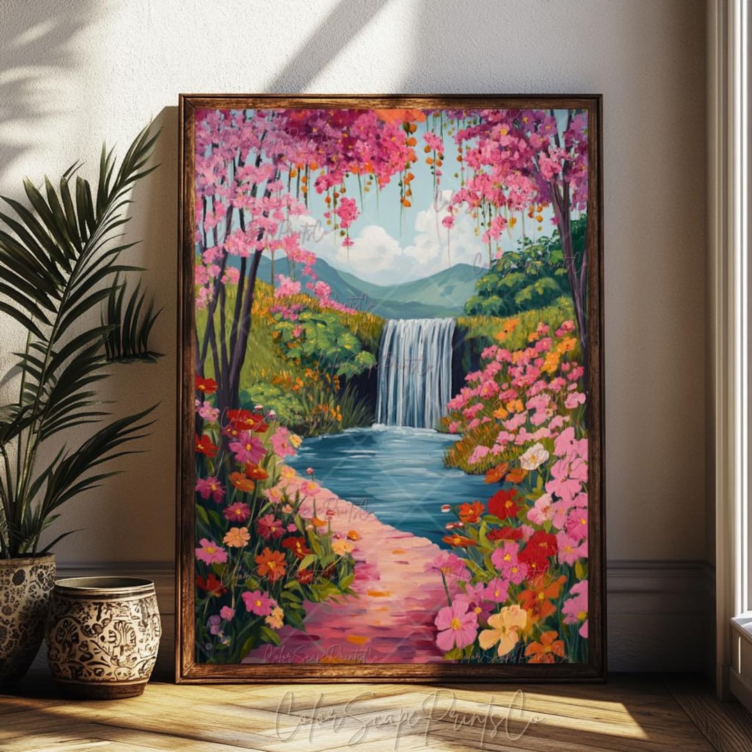 Waterfall Painting Bright Spring Wildflower Landscape Whimsical