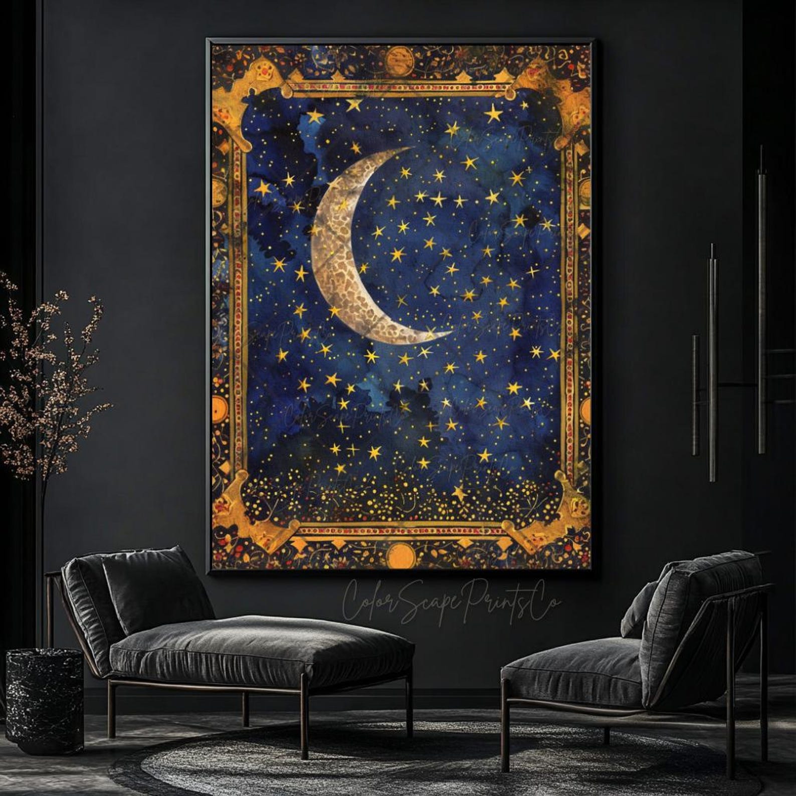 Moon and Stars Wall Art Celestial Painting Starry Night Sky Crescent ...