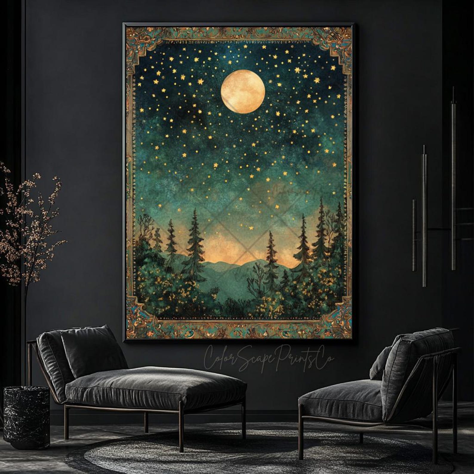 Moon and Stars Wall Art Dark Forest Painting Enchanted Forest Decor ...
