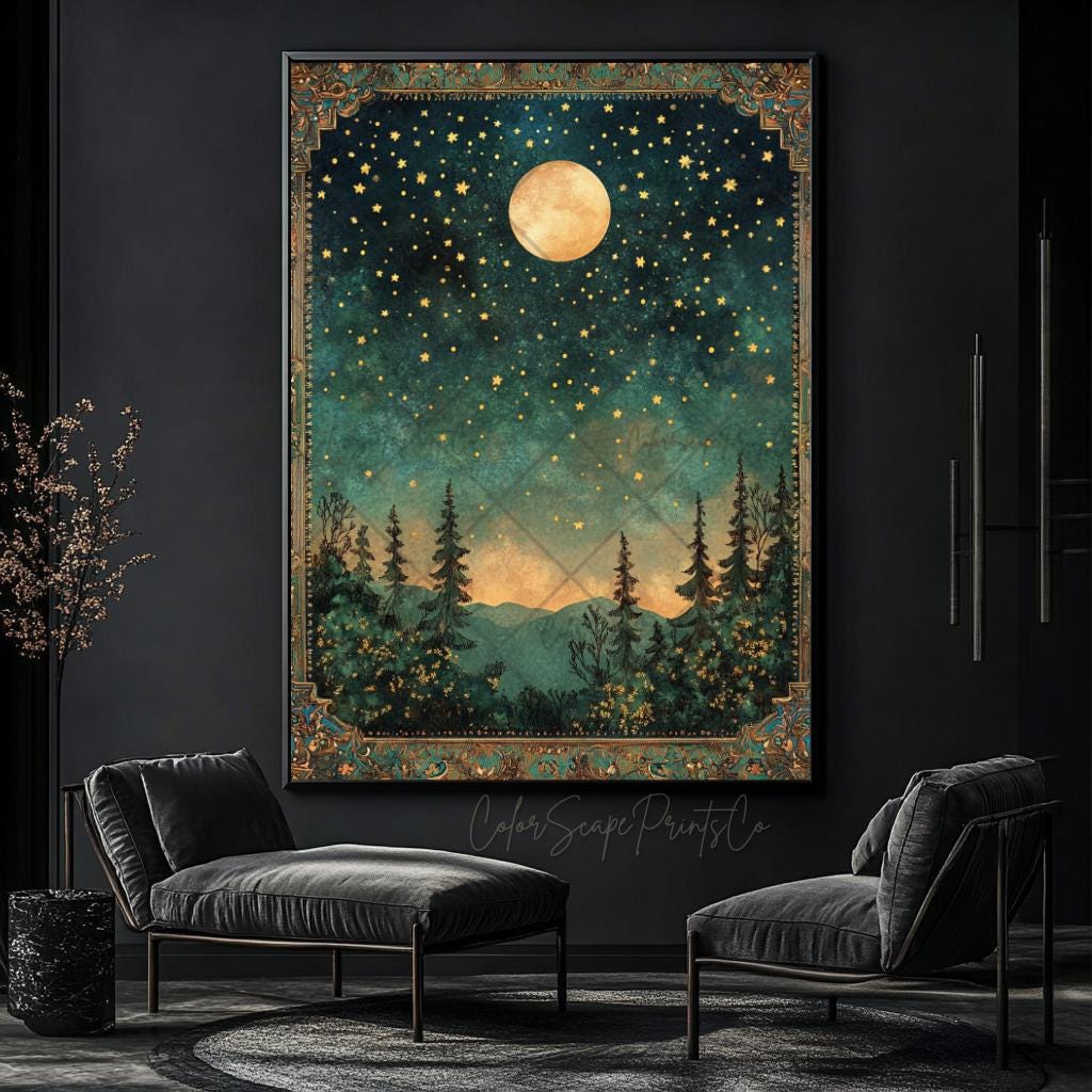 Moon and Stars Wall Art Dark Forest Painting Enchanted Forest Decor ...