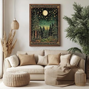 Moon and Stars Wall Art Dark Forest Painting Vintage Landscape Print ...