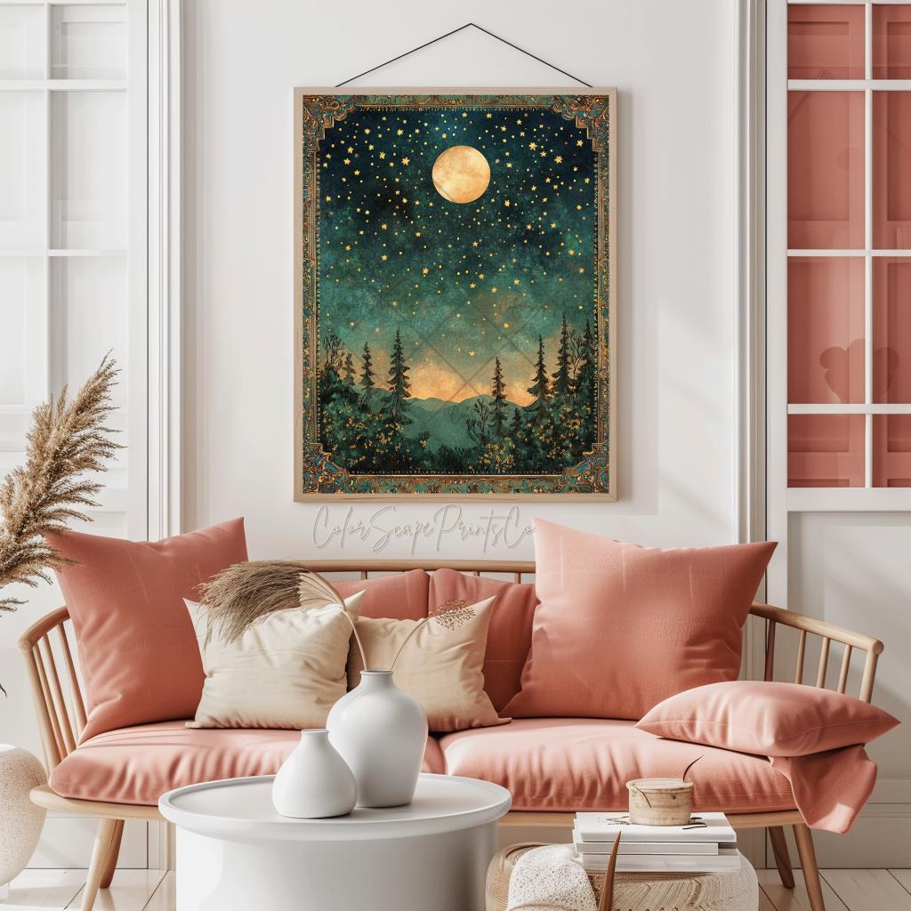 Moon and Stars Wall Art Dark Forest Painting Enchanted Forest Decor ...