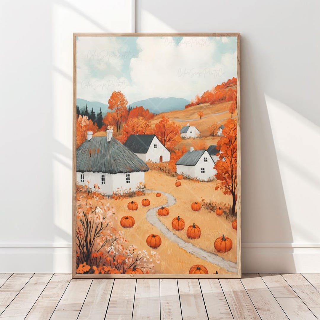 Folk Art Autumn Village Wall Art Fall Pumpkin Harvest Landscape With ...