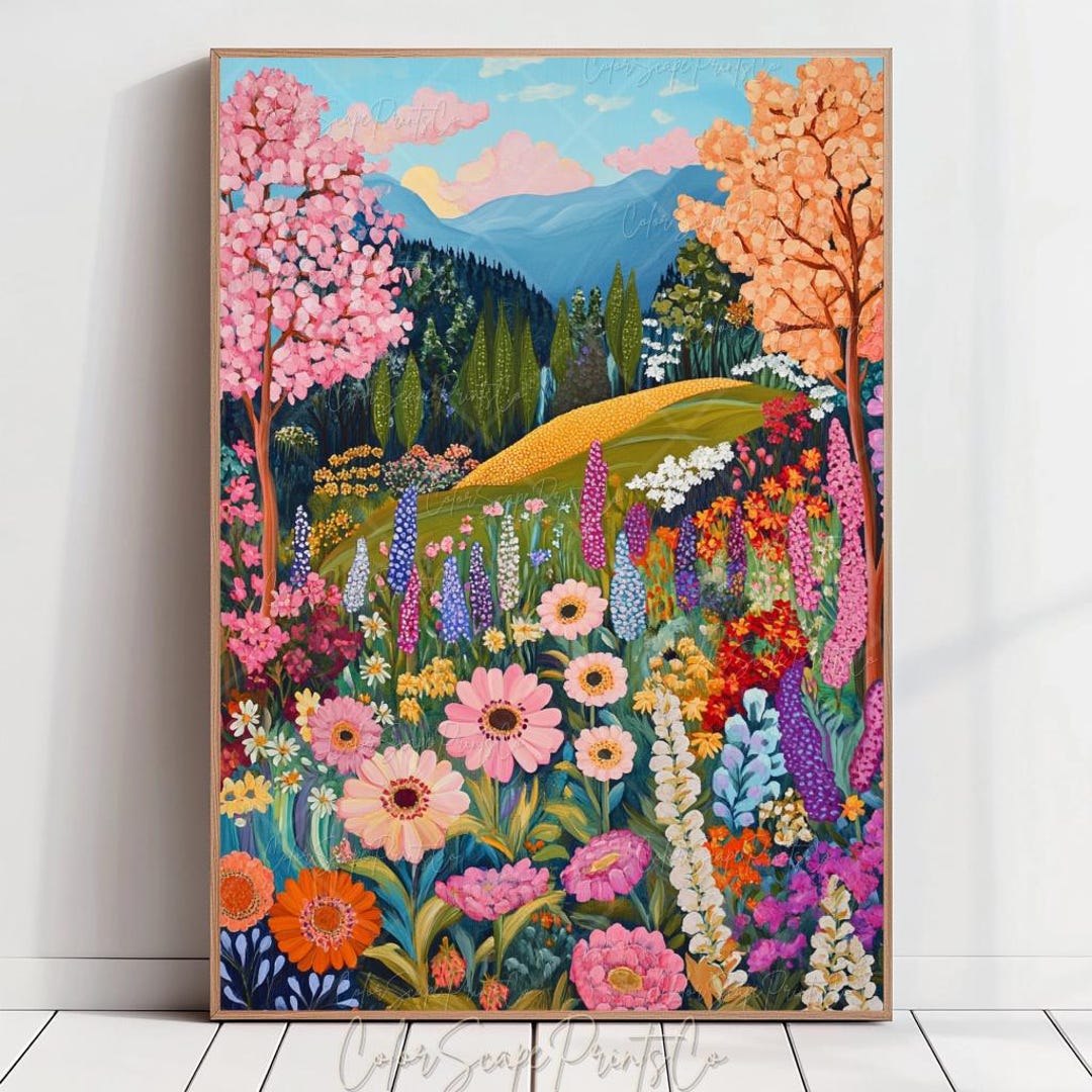 Vibrant Wildflower Landscape Wall Art Whimsical Mountain Garden Print ...