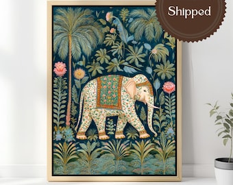 Indian Elephant Painting Floral Elephant Canvas Wall Art Tropical Botanical Jungle Decor Navy Blue Maximalist Luxury Living Room Artwork