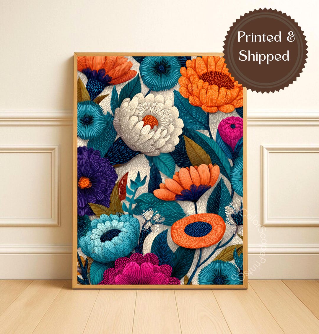 Bold Floral Wall Art Print, Teal Orange Botanical Canvas, Bright Boho ...