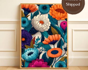 Stampa artistica floreale audace su tela, turchese e arancione con motivi botanici, poster floreale boho luminoso, decorazione murale in stile moderno di metà secolo, arte colorata per il soggiorno.