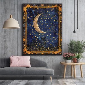Moon and Stars Wall Art Celestial Painting Starry Night Sky Crescent ...