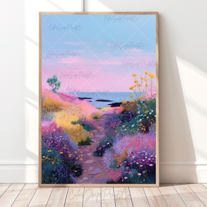 Colorful Coastal Beach Painting Pink Spring Coastal Landscape Art Pastel Seascape Painting Summer Wildflowers Print Whimsical Beach Decor